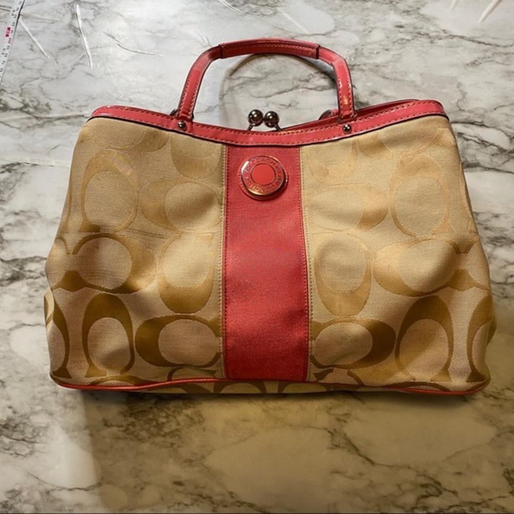 Coach Signature Stripe Satchel Kisslock Carryall Red Tan Canvas Leather F19190 - Picture 2 of 8
